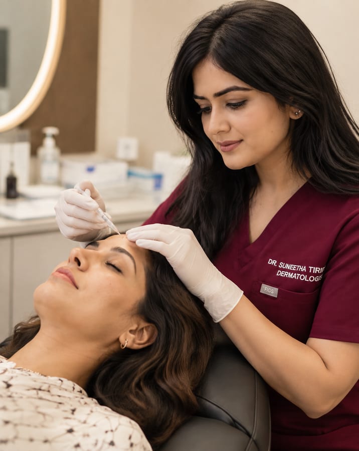 Dr Sumedha Tirthani administering an injectable treatment to a reclining patient's forehead