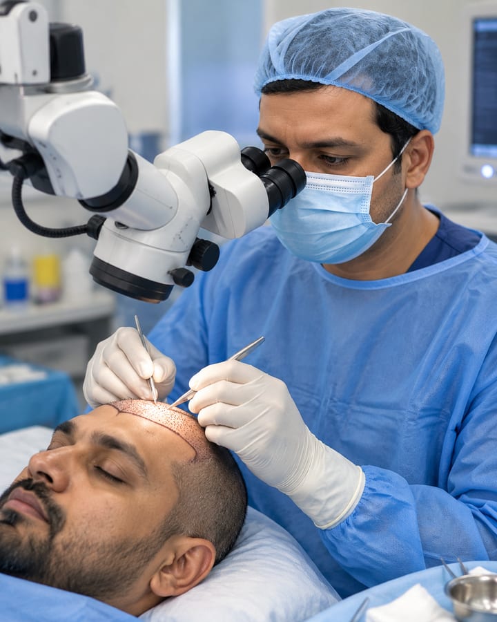 Surgeon in scrubs working at a microscope during a hair transplant procedure