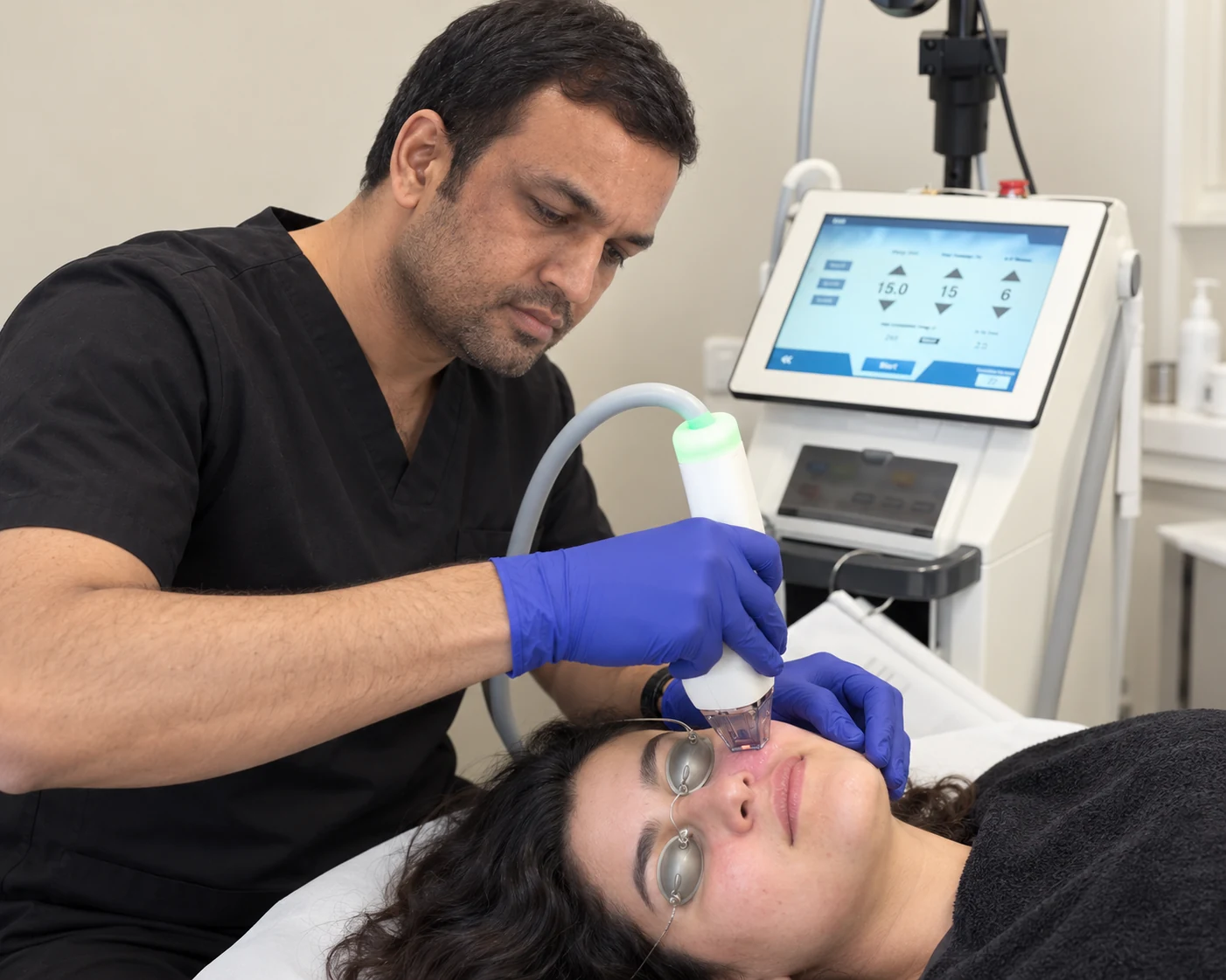 Clinician performing an advanced skin treatment on a reclining patient wearing protective eye shields