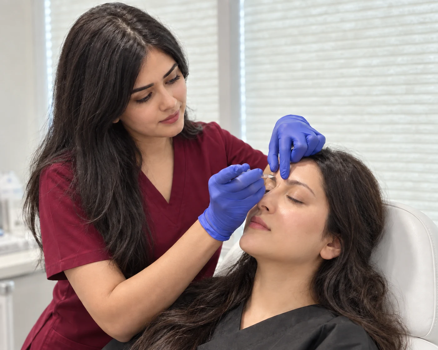Clinician in burgundy scrubs administering a facial injectable treatment to a reclining patient