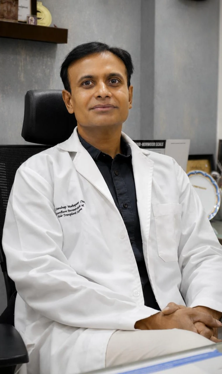 Dr Sandeep Mahapatra seated in a consultation room at Derma Solutions