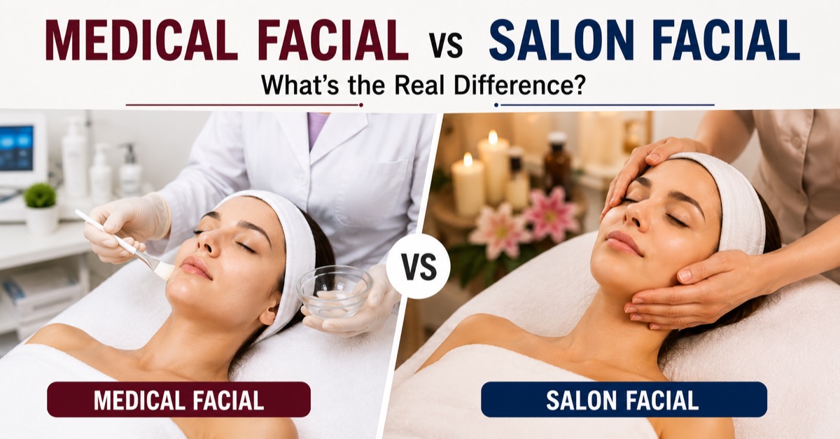 Split artwork comparing a medical facial in a clinic with a salon facial