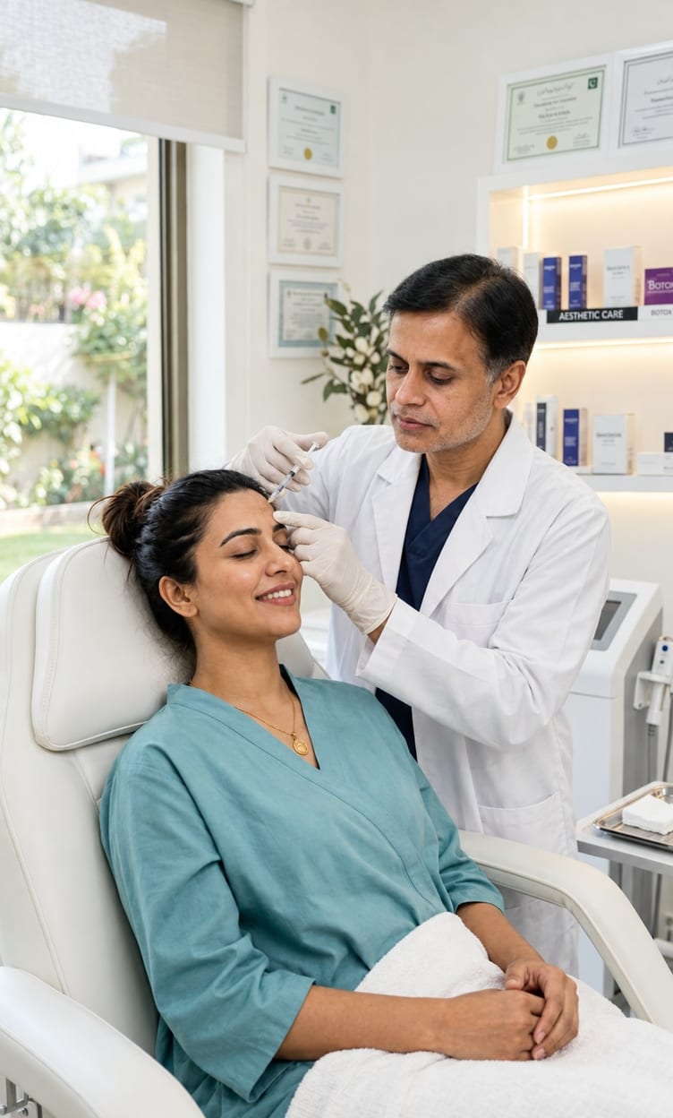 Dermatologist administering an anti-wrinkle injection to a patient's forehead