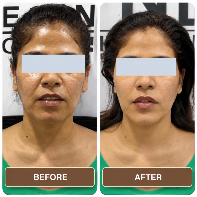 A woman photographed front-on twice showing her face and neck, the two shots side by side and labelled Before and After