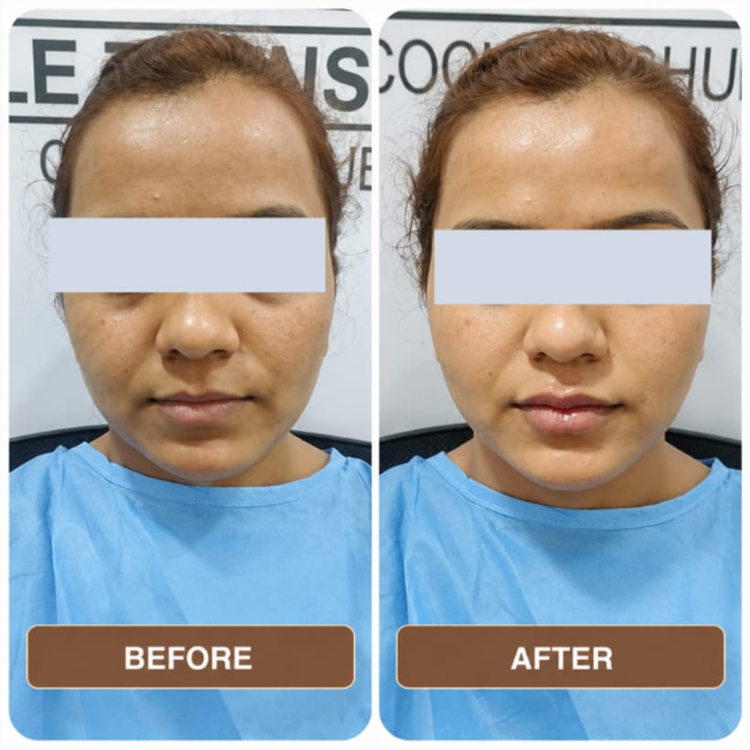 A woman with auburn hair in a blue clinic gown photographed front-on twice, the two shots side by side and labelled Before and After