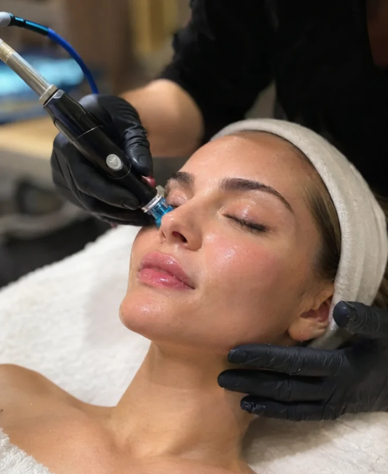 HydraFacial handpiece being used on a patient’s face