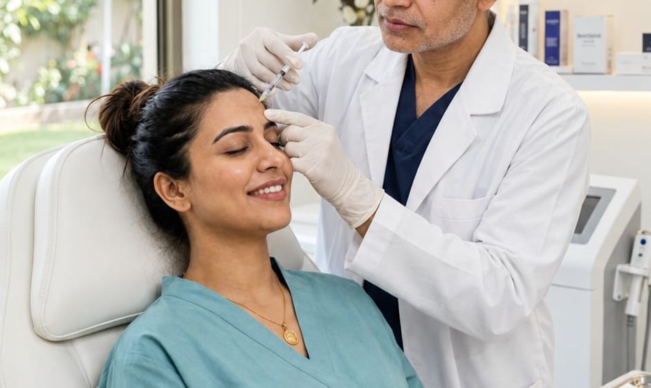 Dermatologist giving an injectable treatment to a seated patient