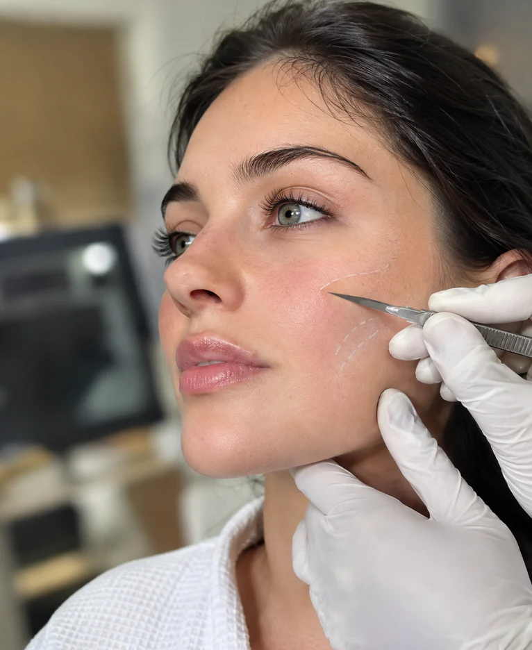 Clinician assessing a patient’s cheek before a procedure
