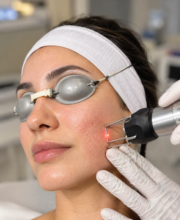 Fractional laser treatment on a patient’s cheek