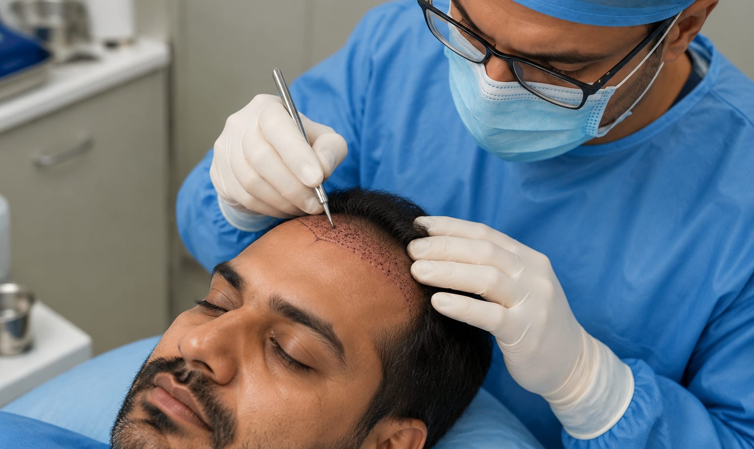 Hair transplant surgeon marking the hairline at Derma Solutions