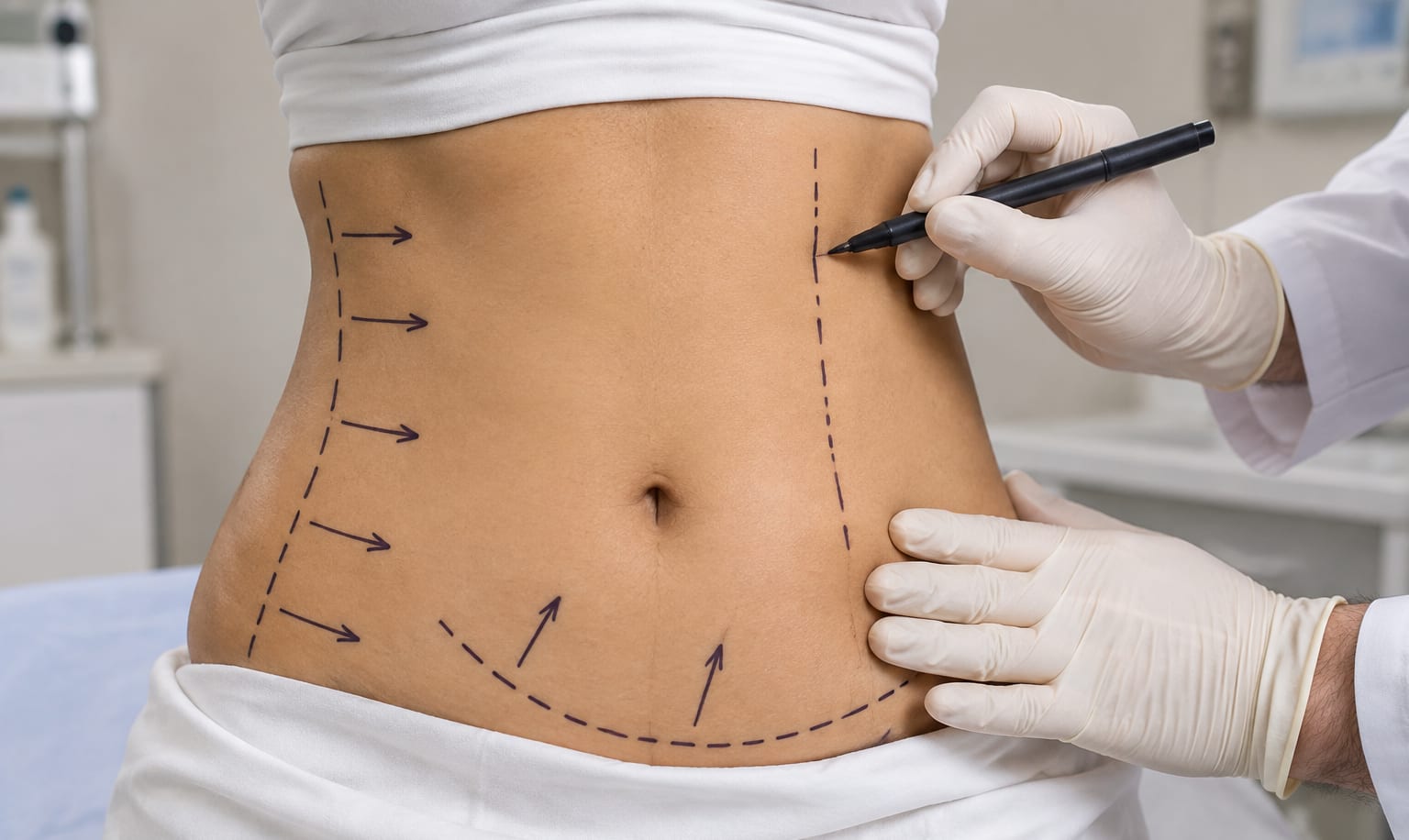 Surgeon marking the abdomen before liposuction
