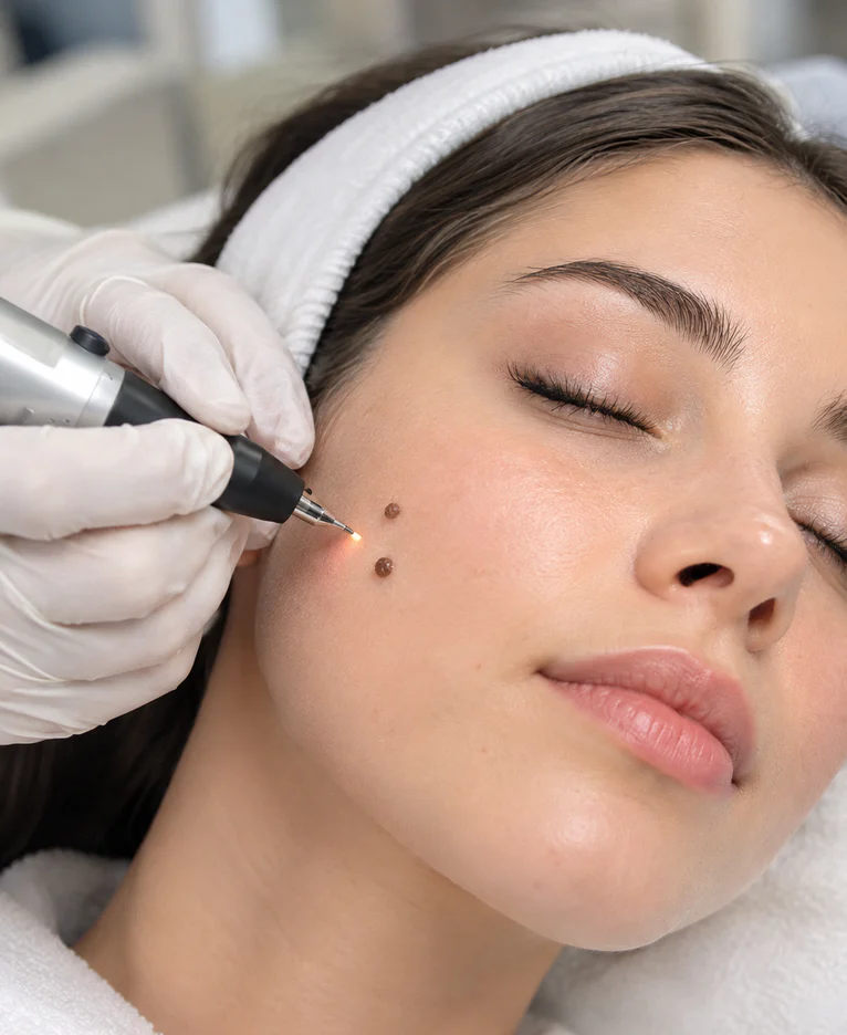 Clinician treating small facial moles