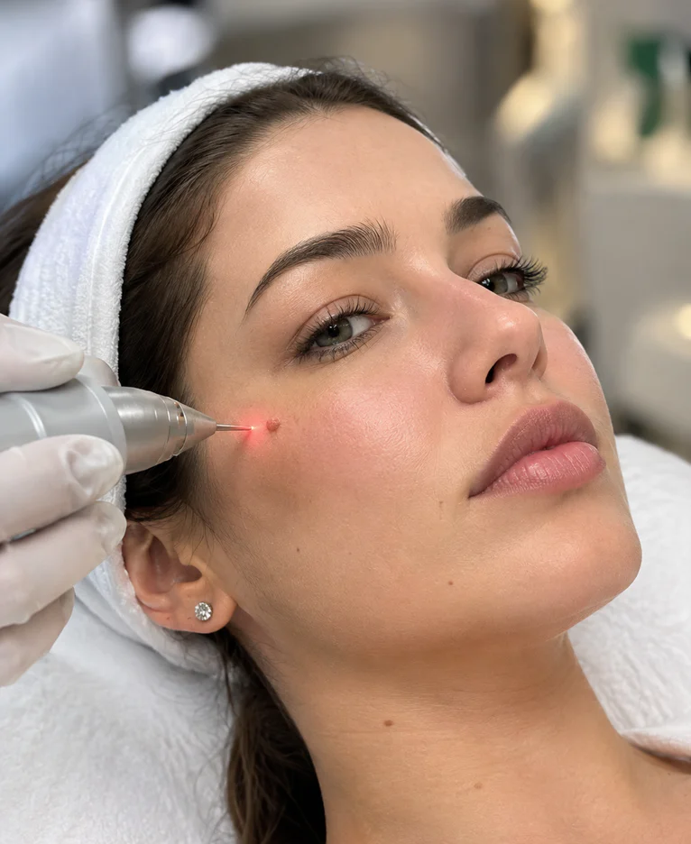 Clinician treating a small facial skin growth