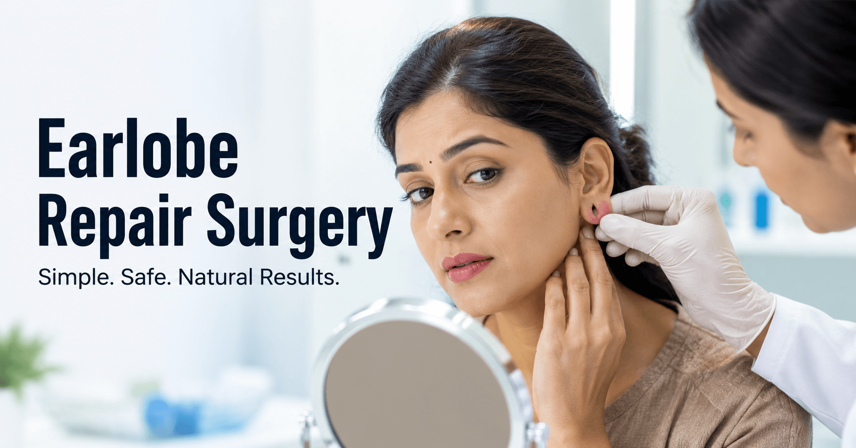 ndian woman consulting a dermatologist for torn earlobe repair surgery in a modern dermatology clinic.